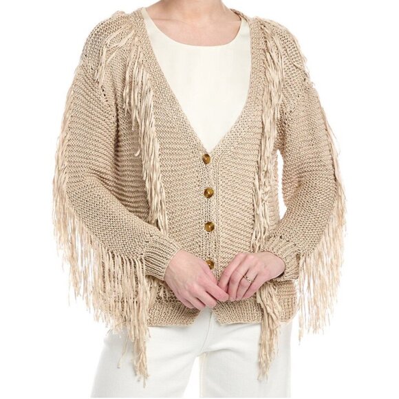 Farm Rio Sand Stripes Fringes Knit Cardigan Sz XL Button Up Boho Knitted NWT - Picture 2 of 9